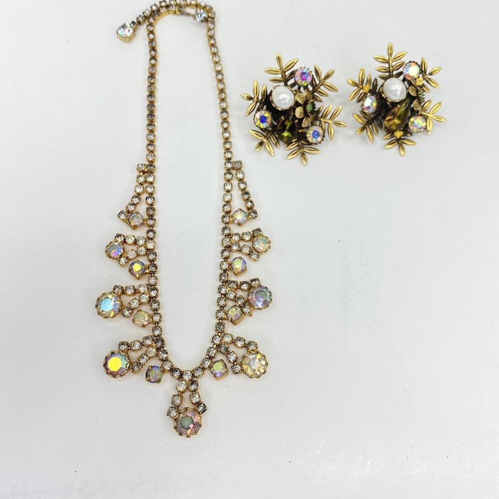 Vntg Goldtone AB Pronged Rhinestone Necklace & Clip On Earring Cluster Set 1950s